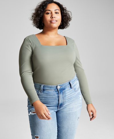 And Now This Trendy Plus Size Square-neck Long-sleeve Top In Crushed Oregano
