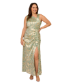 Adrianna Papell Asymmetric Metallic Foil Leaf Gown In Sage,gold