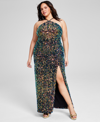 B DARLIN TRENDY PLUS SIZE SEQUINED HALTER HIGH-SLIT GOWN
