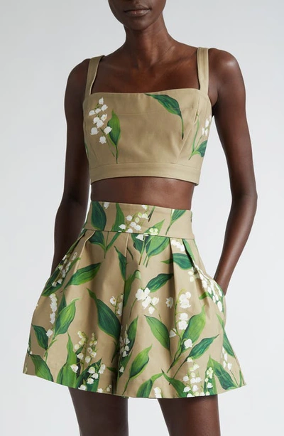 Oscar De La Renta Lily Of The Valley Twill Crop Top In White Khaki