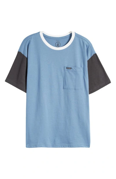 Volcom Kids' Overgrown Colourblock Cotton Cotton Pocket T-shirt In Stone Blue