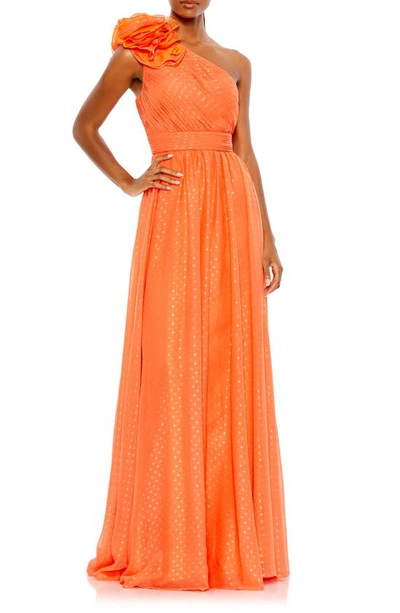 Mac Duggal Polka Dot Ruffled One Shoulder Gown In Orange