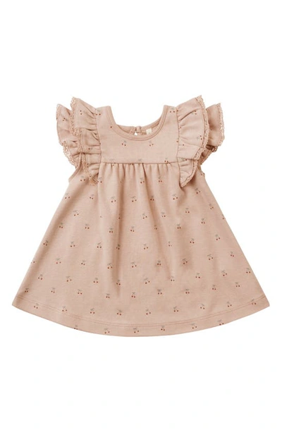 Quincy Mae Babies' Cherries Flutter Sleeve Organic Cotton Dress In Blush-cherries