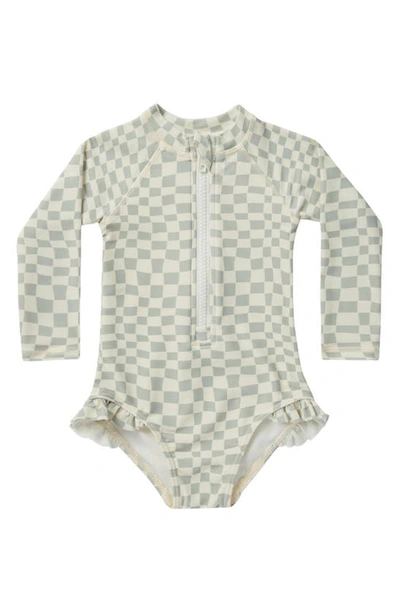 Rylee + Cru Babies' Check Long Sleeve One-piece Rashguard Swimsuit In Seafoam-check