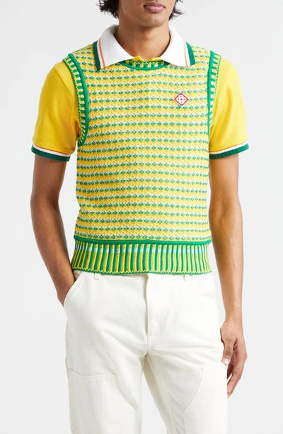 Casablanca Zig Zag Slim-fit Logo-appliquéd Crocheted Cotton Jumper Waistcoat In Green