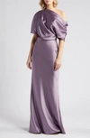 AMSALE ONE-SHOULDER FLUID SATIN GOWN