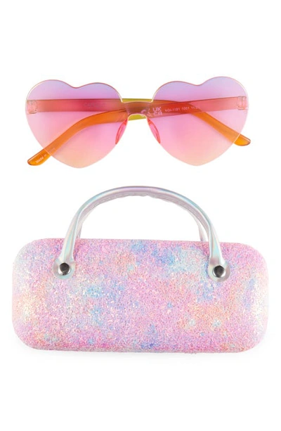 Capelli New York Kids' Gradient Heart Sunglasses & Watercolor Glitter Case Set In Pink Combo