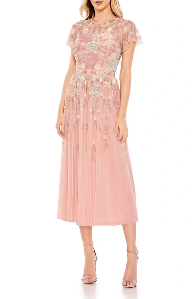 Mac Duggal Beaded Floral Flutter Sleeve Cocktail Dress In Dusty Rose