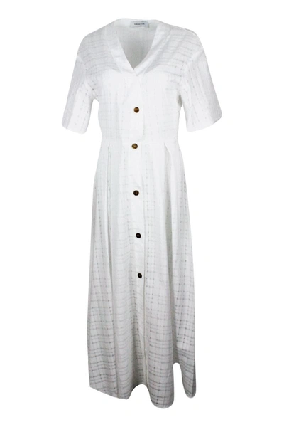 Fabiana Filippi Long Dress In Short-sleeved Stretch Cotton With Button Closure And Textured Work In White