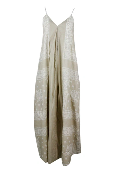 Fabiana Filippi Long Dress In Cotton With Bandana Fantasy Print From The Asymmetrical A-line With Shoulder Straps In In Beige