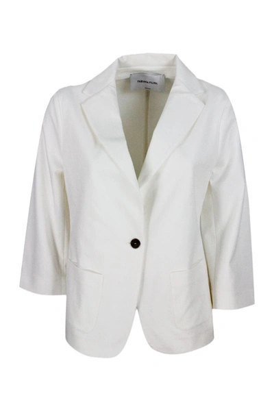 Fabiana Filippi Single-breasted Blazer Jacket In Stretch Cotton Jersey With Three-quarter Sleeves Embellished With S In White