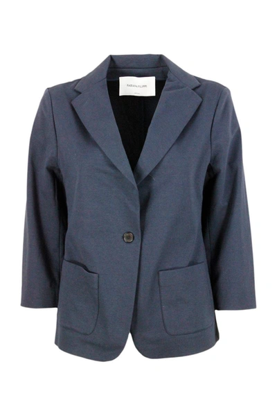 Fabiana Filippi Single-breasted Blazer Jacket In Stretch Cotton Jersey With Three-quarter Sleeves Embellished With S In Blue