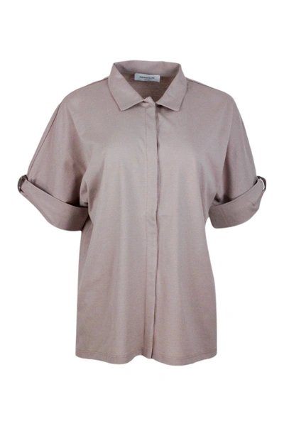 Fabiana Filippi Polo Shirt In Stretch Cotton Jersey With Short Sleeves And Cuffs Embellished With Jewels In Pink