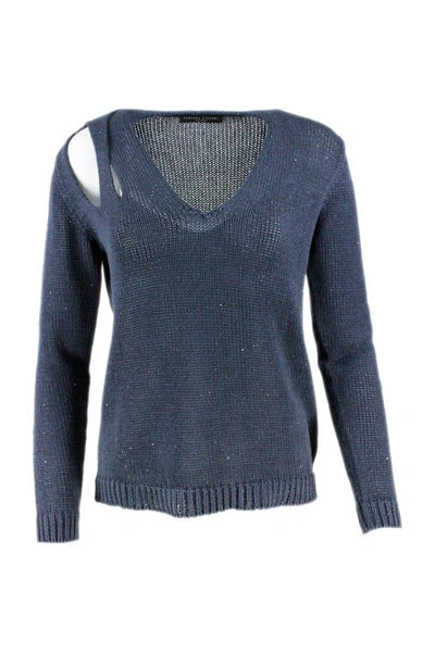 Fabiana Filippi V-neck Sweater In Cotton And Linen With Woven Sequins Open On The Shoulder In Blue