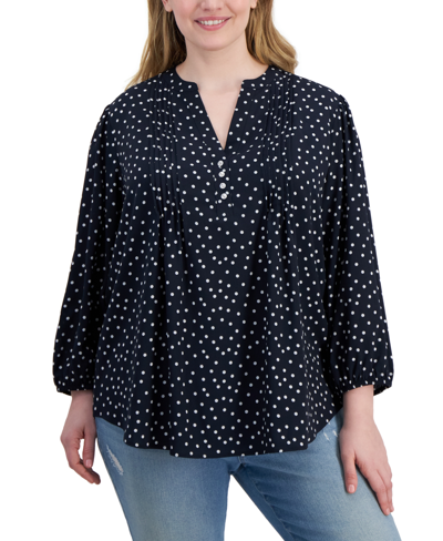 Tommy Hilfiger Plus Size Dot Print Pintuck 3/4-sleeve Top In Sky Captain,ivory