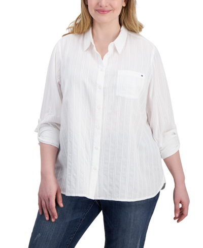 Tommy Hilfiger Plus Size Cotton Striped Utility Shirt In White