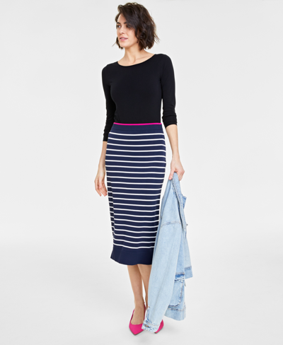 On 34th Women's Striped Sweater-knit Pencil Skirt, Created For Macy's In Navy,white