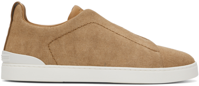 Zegna Tan Canvas Triple Stitch Sneakers In Cme - Camel