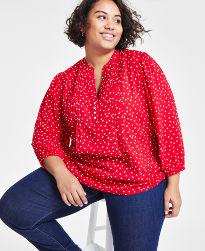 Tommy Hilfiger Plus Size Dot Print Pintuck 3/4-sleeve Top In Scarlet,ivory