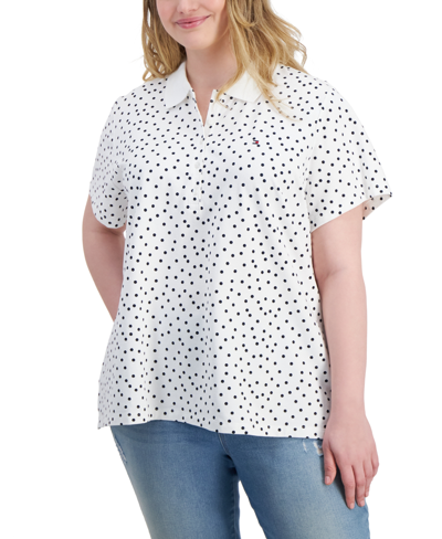 Tommy Hilfiger Plus Size Printed Dots Polo Shirt In Bright White,sky Captain