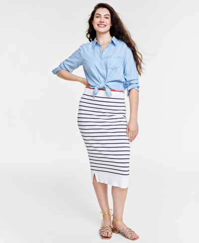 On 34th Women's Striped Sweater-knit Pencil Skirt, Created For Macy's In White,navy