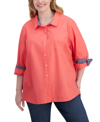 Tommy Hilfiger Plus Size Cotton Roll-tab Shirt In Sherbert