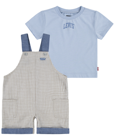 Levi's Baby Boys Gingham Shortall And T-shirt Set In Oxford Tan