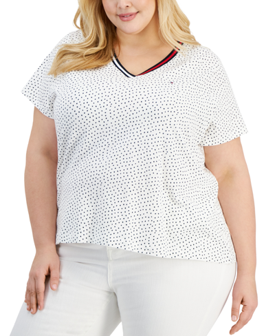 Tommy Hilfiger Plus Size V-neck Dot-print Top In Bright White