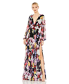 MAC DUGGAL WOMEN'S IEENA FLORAL PRINT ILLUSION LONG SLEEVE V NECK GOWN