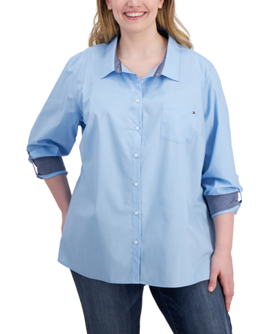 Tommy Hilfiger Plus Size Cotton Roll-tab Shirt In Crystal Blue