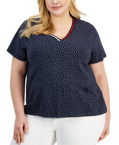 Tommy Hilfiger Plus Size V-neck Dot-print Top In Sky Captain