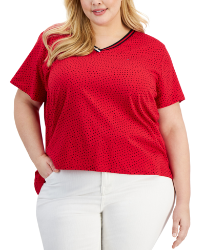 Tommy Hilfiger Plus Size V-neck Dot-print Top In Scarlet