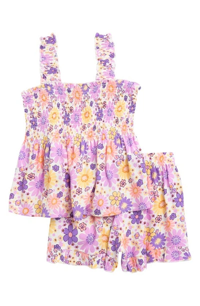 Zunie Kids' Smocked Tank Top & Shorts Set In Purple Multi Floral