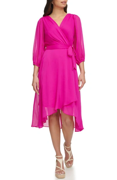 Dkny Balloon Sleeve Faux Wrap Dress In Power Pink