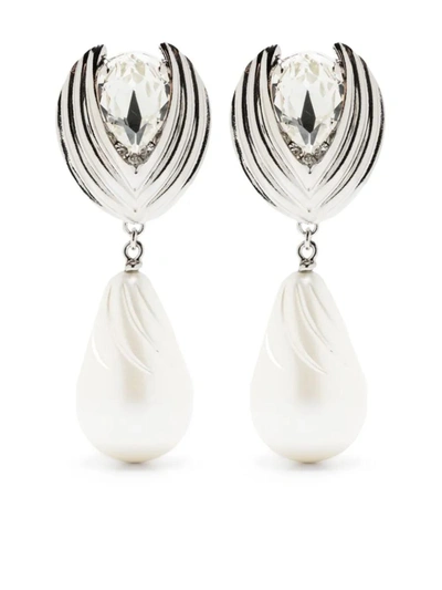 Alessandra Rich Clip Earrings In Silver Metal With Crystals And Pearls In Grey