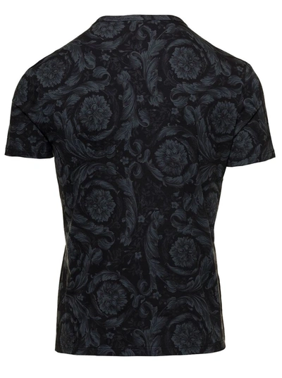 Versace Black Crewneck T-shirt With Monocrome Baroque Print In Stretch Cotton Man In Grey