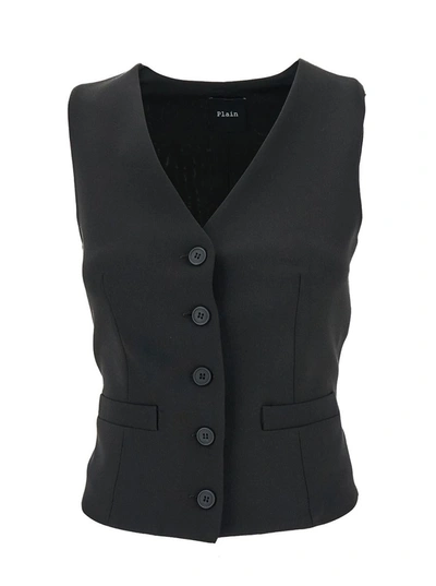 Plain Black Fitted Waistcoat With Two Front Pockets In Tech Fabric Woman