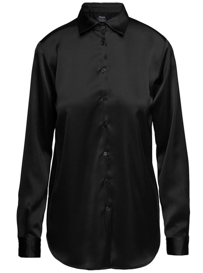 Plain Black Long-sleeved Blouse And Button Fastening In Satin Woman