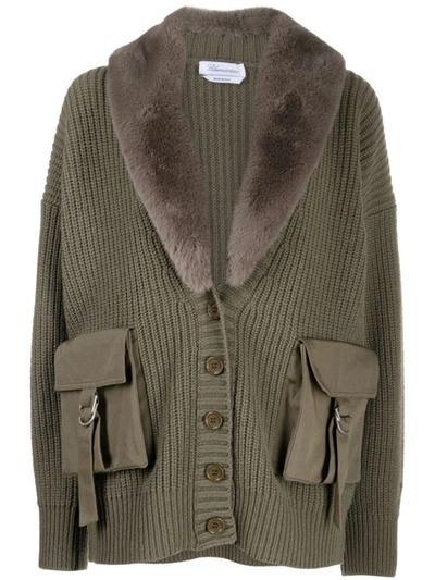 Blumarine Military Green Maxi Cardigan With Faux Fur On Neckline