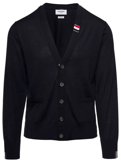 THOM BROWNE OVERISZE BLACK CARDIGAN WITH TRICOLOR BAND IN WOOL BLEND MAN