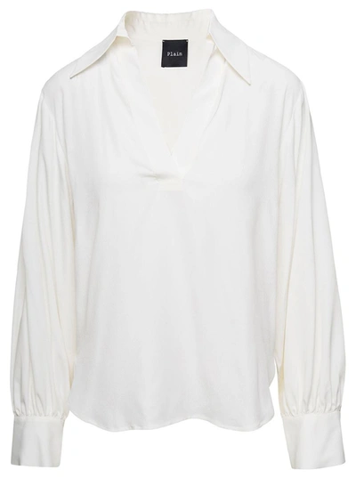 Plain White Blouse With Collar And V Neckline In Lightweight Fabric Woman