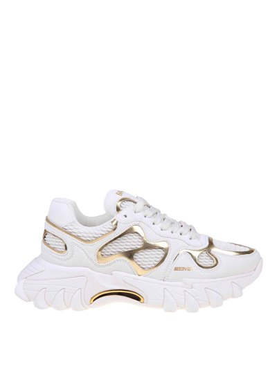 Balmain B-east Sneakers In White And Gold Suede And Leather