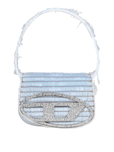 Diesel 1dr Bag In Black Canvas With Applied Crystals In Light Blue