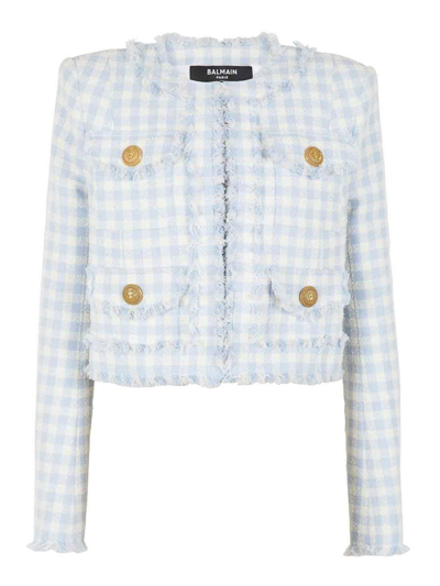 Balmain Blue Plaid Cropped Tweed Jacket