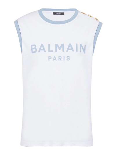 Balmain Tank Top With Shoulder Buttons And Contrast Trim In White