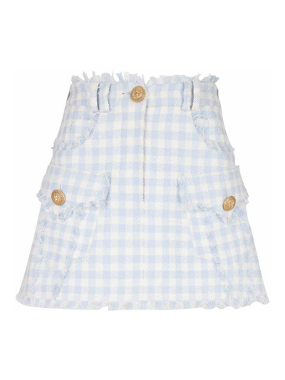 Balmain Light-blue Vichy Tweed Mini Skirt