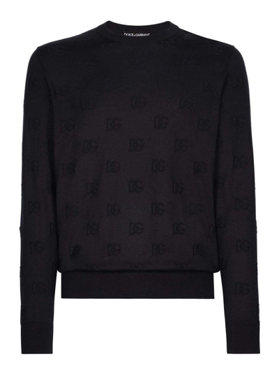 Dolce & Gabbana Silk Round-neck Sweater With All-over Dg Inlay In Blue