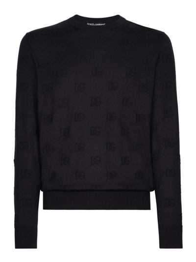 Dolce & Gabbana Round-neck Sweater With All-over Dg In Blue