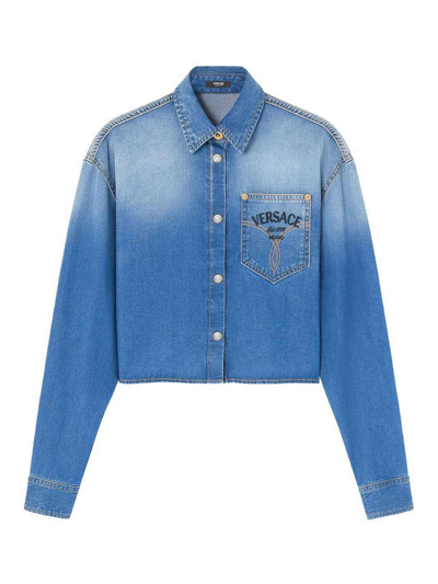 Versace Cropped Blue Denim Shirt In Medium Blue