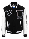 Off-white Leather And Wool Varsity Bomber In Black